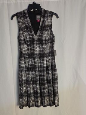 Vince Camuto Sleeveless Black and White Plaid V-Neck Dress NWT